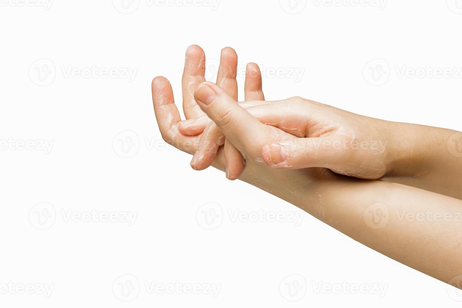mani un' ragazza chi usi un' pelle cura crema, Immagine su un' bianca sfondo. alto qualità foto