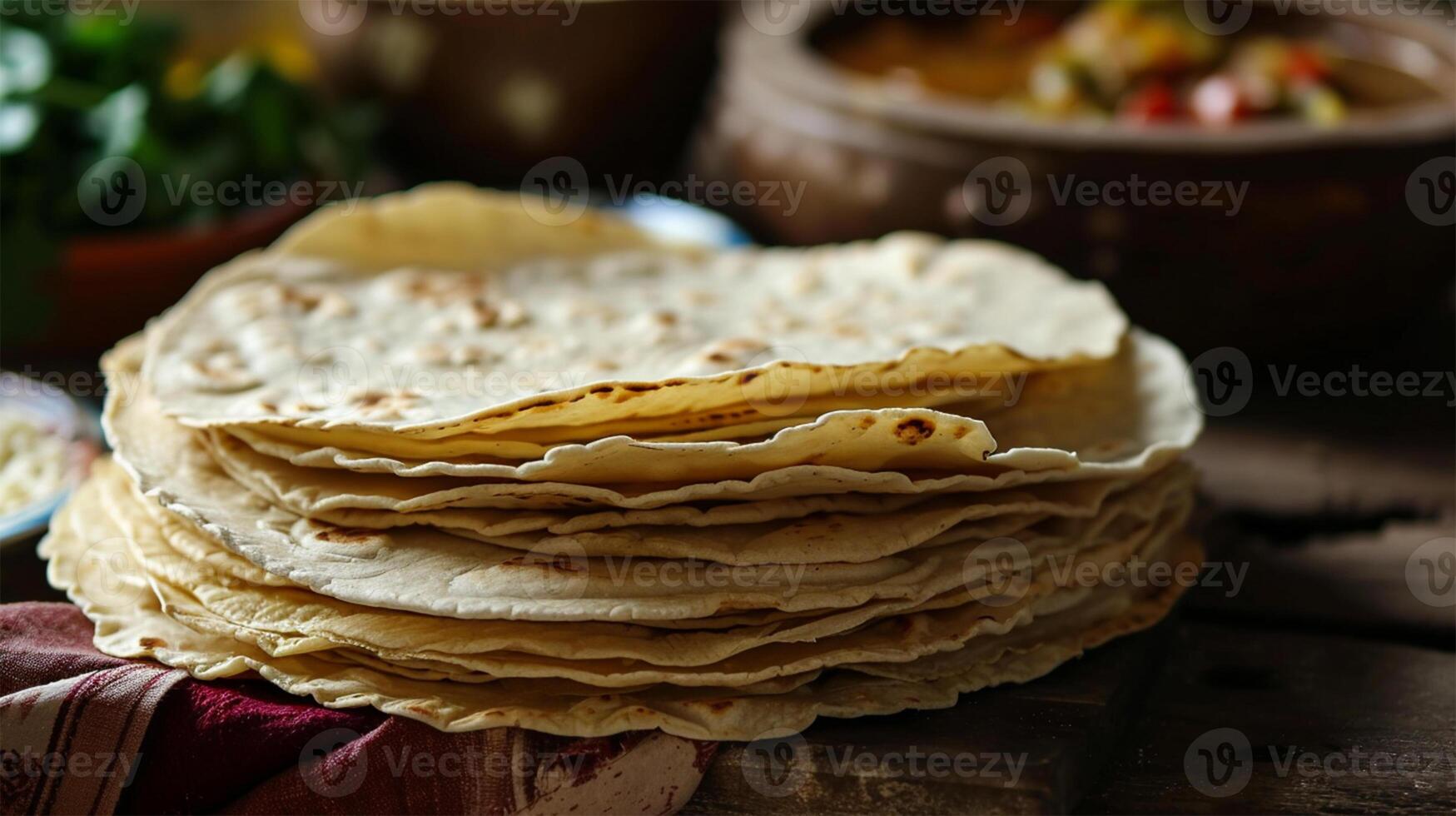 ai generato mucchio di appena fatto tortillas su un' rustico tavolo con insalata nel il sfondo. foto