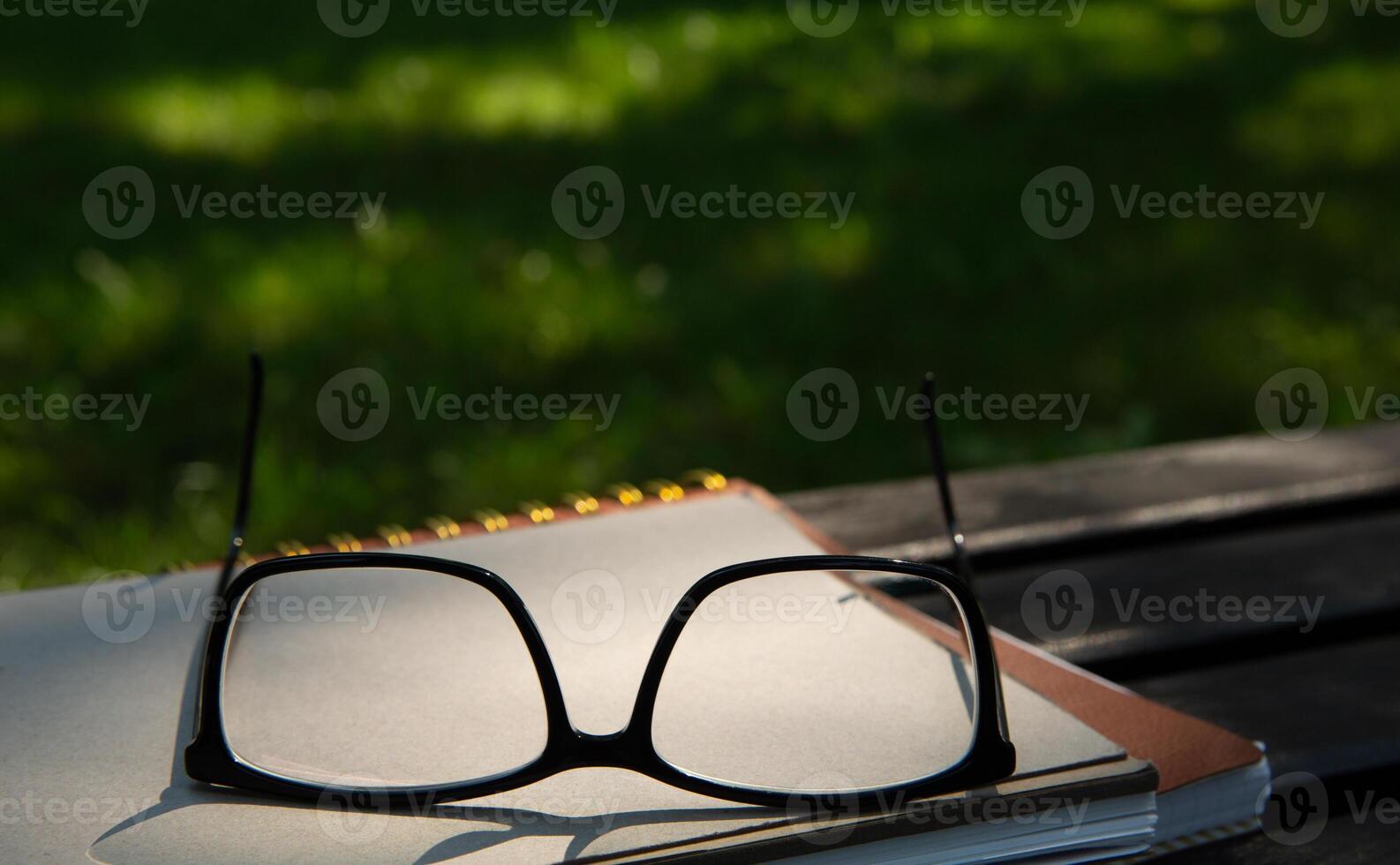 bicchieri menzogna su superiore di un' mucchio di libri con un' taccuino su un' panchina nel il parco su un' soleggiato giorno nel il ombra di alberi nel estate. selettivo fuoco.alto qualità foto