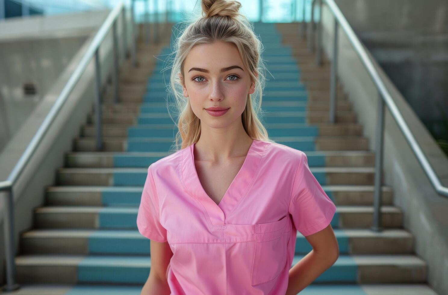 ai generato un attraente femmina infermiera nel rosa uniforme in piedi su le scale foto