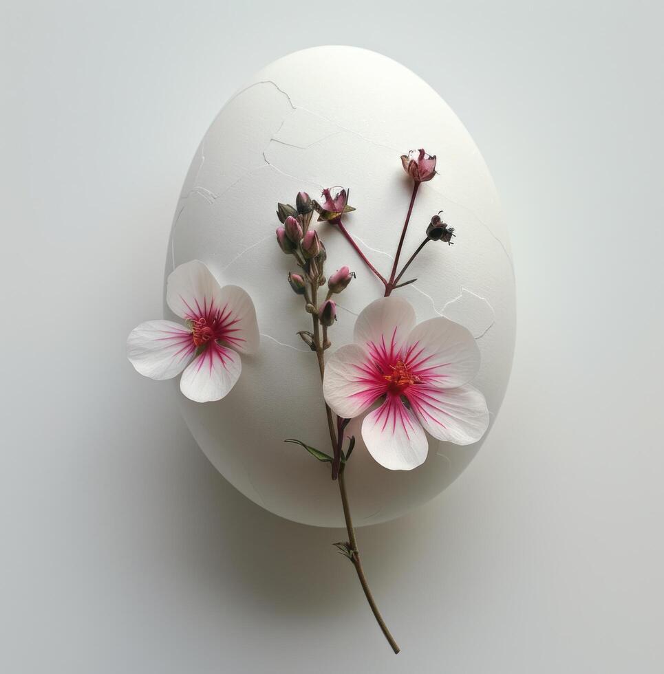 ai generato fiori nel il forma di un Pasqua uovo con un' fiore steli posto dentro foto