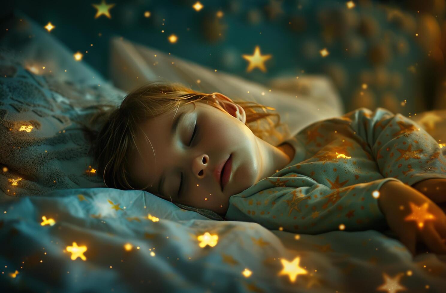 ai generato un' bambino dorme nel un' letto con stelle, foto
