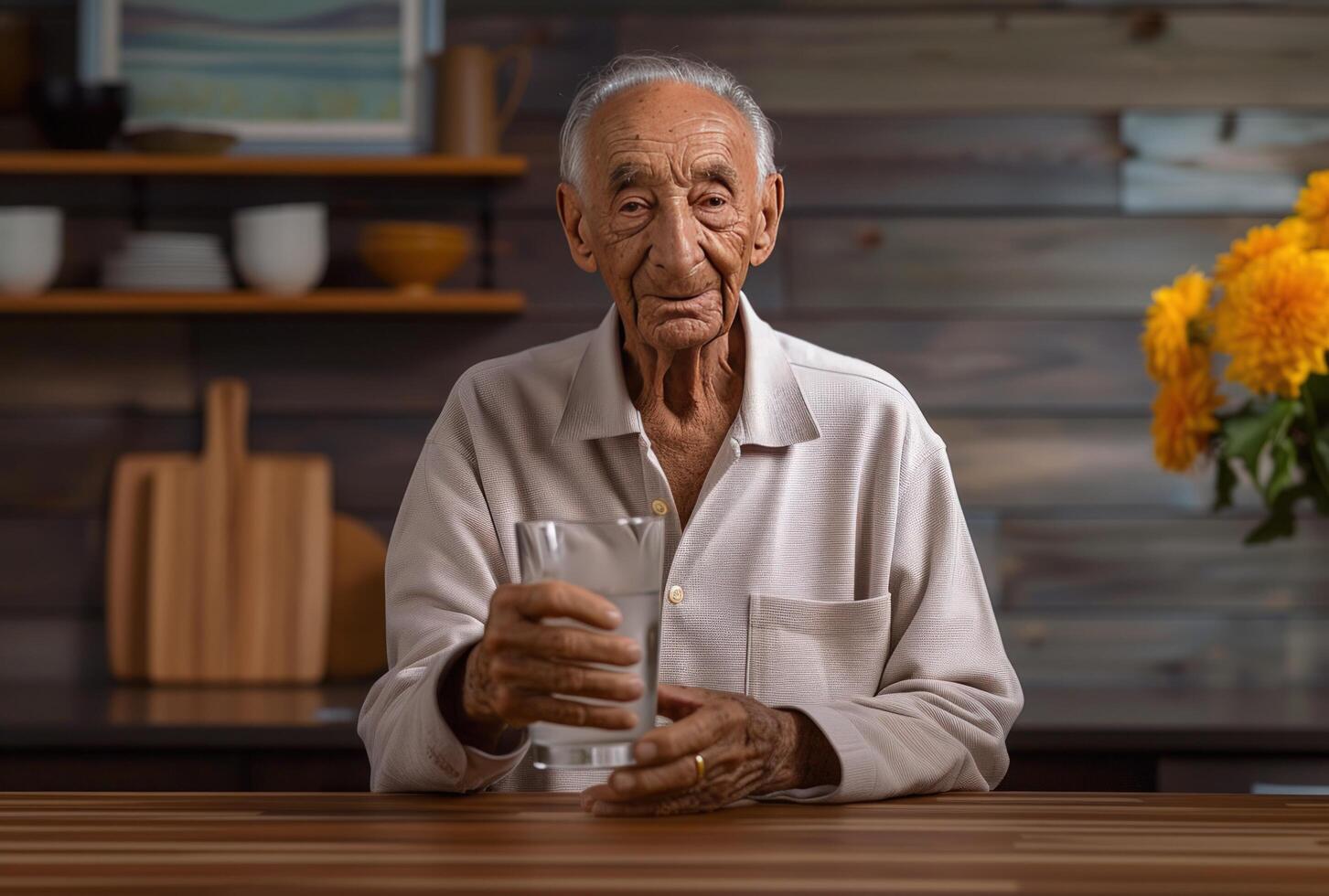 ai generato un anziano uomo Tenere un' bicchiere di acqua mentre seduta a il cucina contatore foto