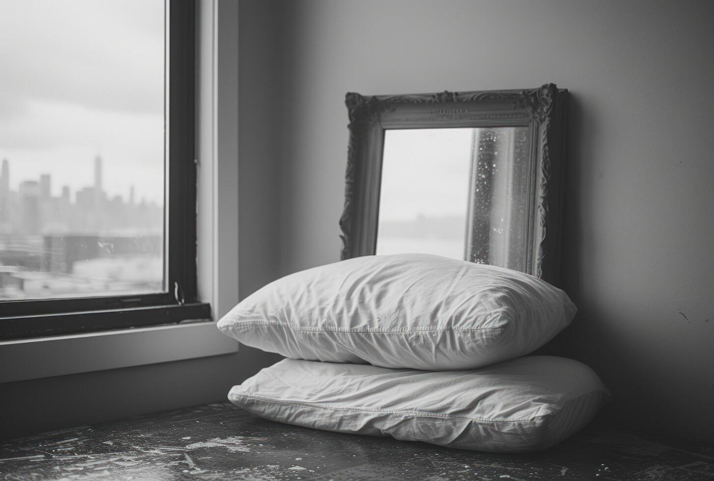 ai generato pila di bianca cuscino cuscini su il letto nel davanti di un vuoto specchio foto