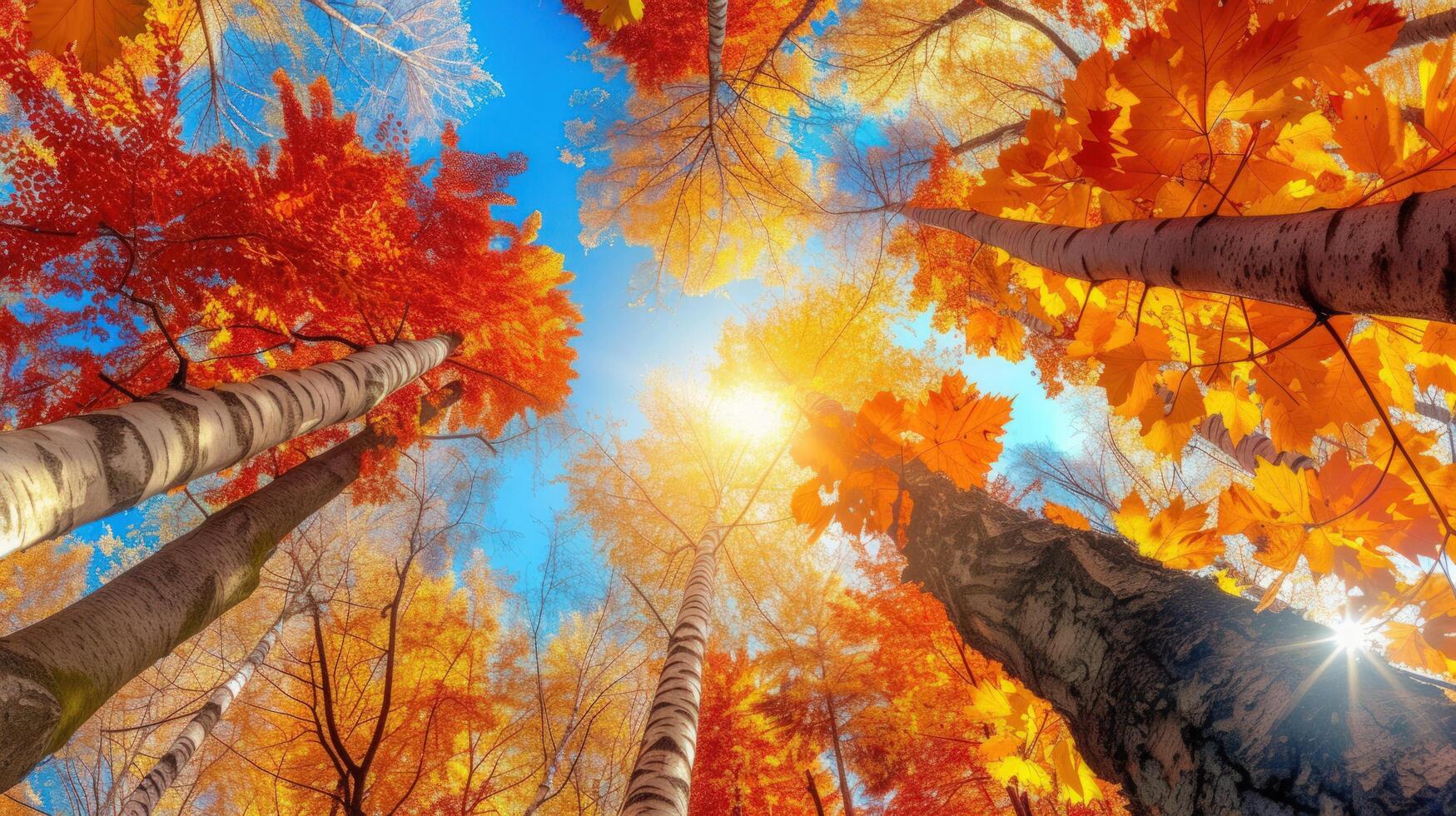 ai generato torreggiante alberi ornato con vivace autunno foglie, crogiolarsi nel il caldo splendore di il pomeriggio sole foto