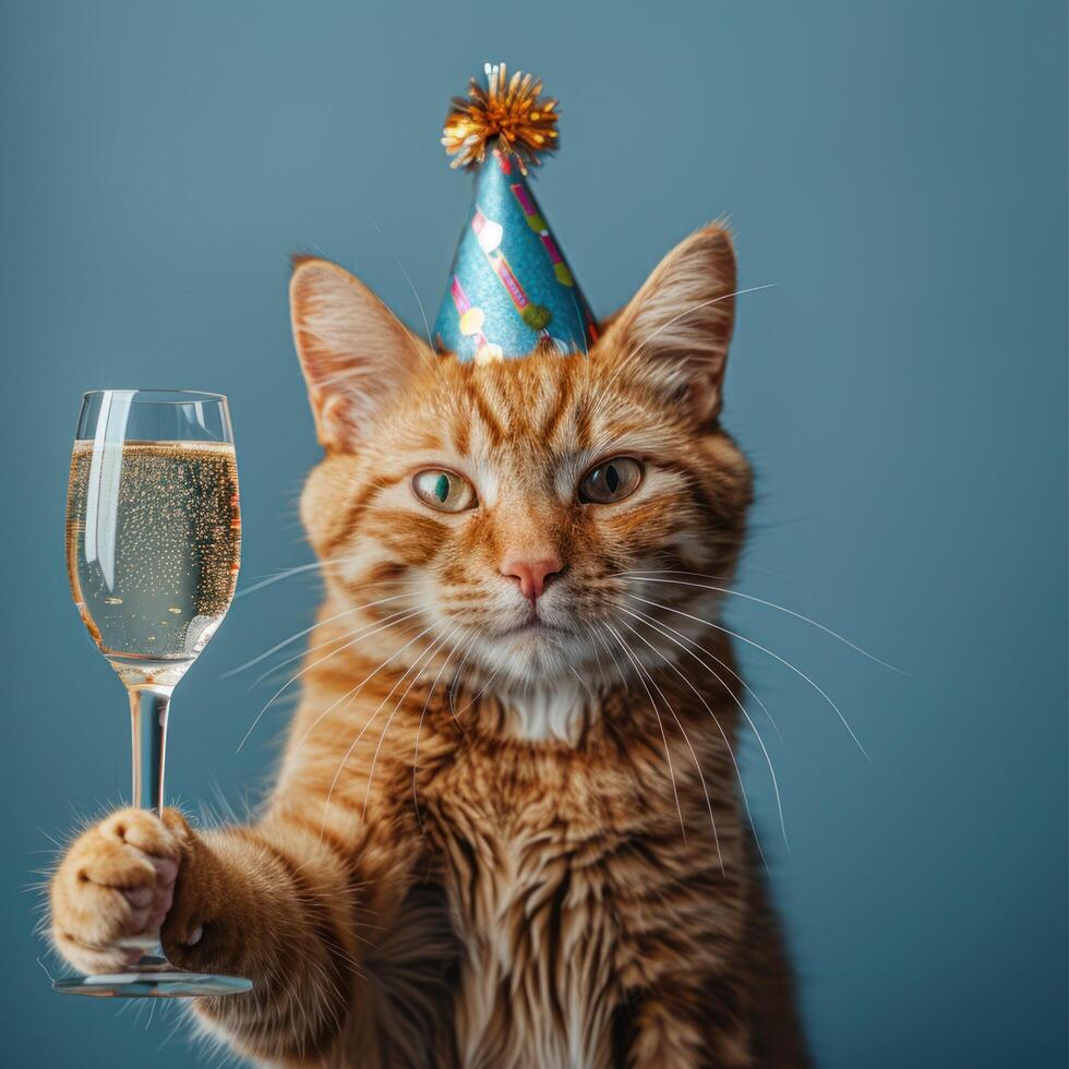 ai generato celebrativo gatto con Champagne bicchiere e festa cappello foto
