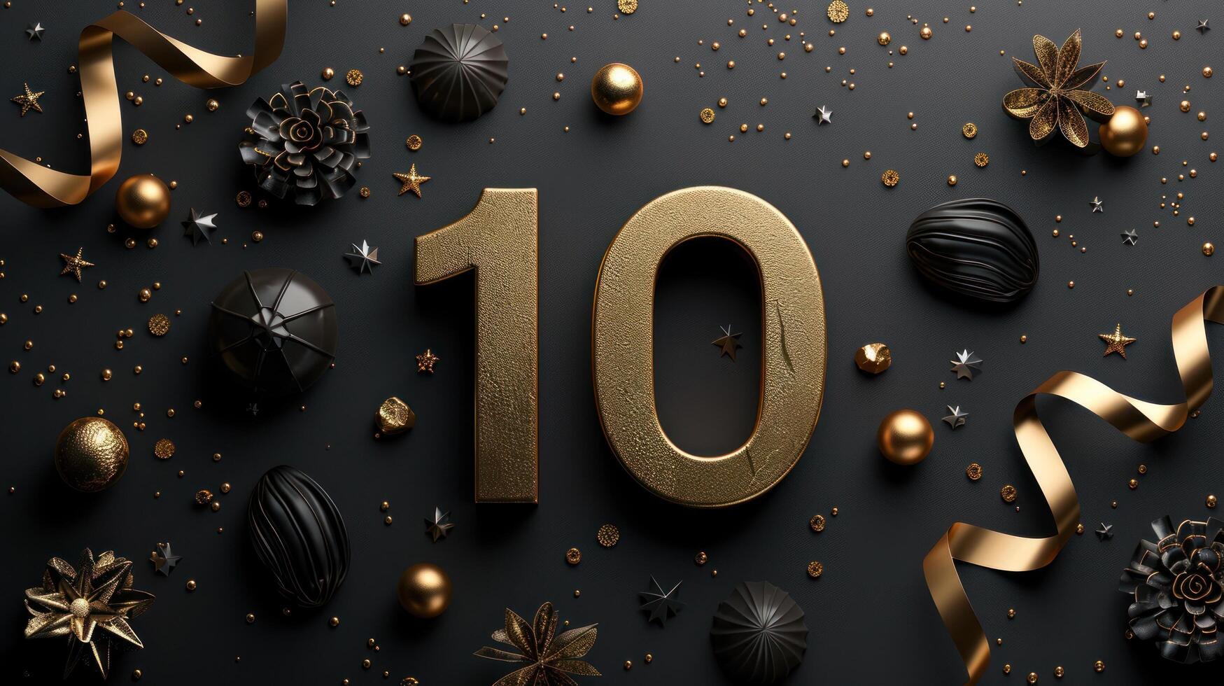 ai generato oro numero 10 su un' minimalista nero sfondo. Là siamo oro caramelle e nastri in giro foto