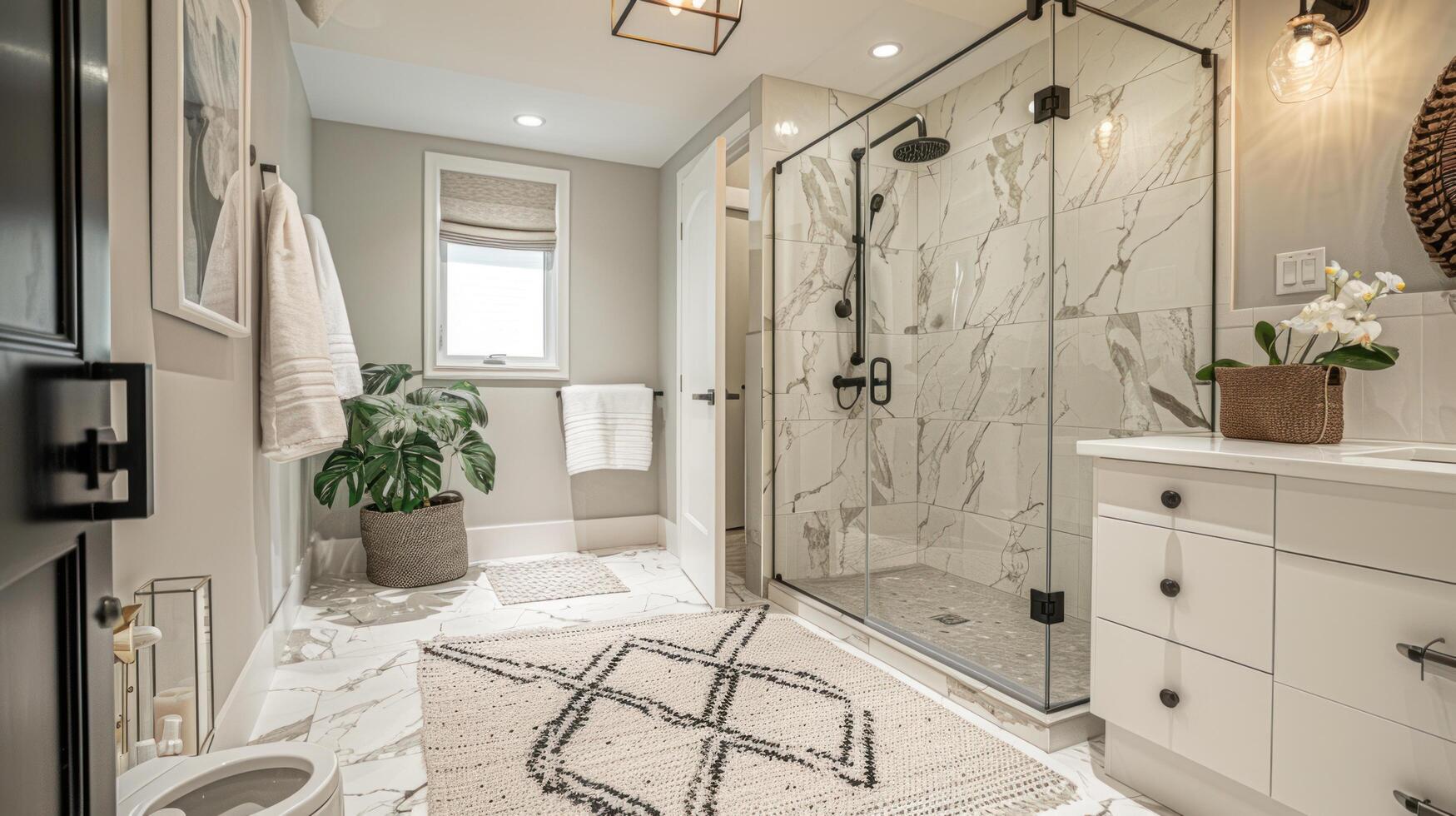 ai generato moderno bagno interno con marmo piastrelle, nero rubinetto foto