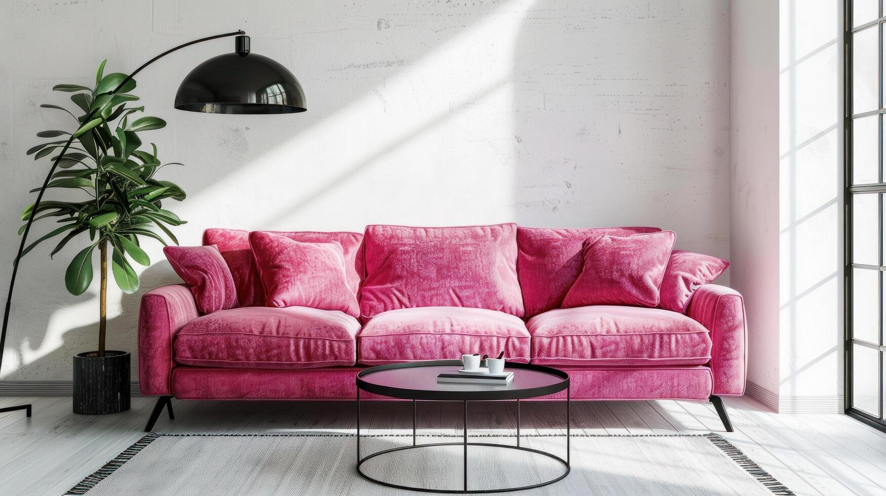 ai generato moderno minimalista luminosa interno con un' rosa divano, un' nero pavimento lampada e un' metallo il giro caffè tavolo foto