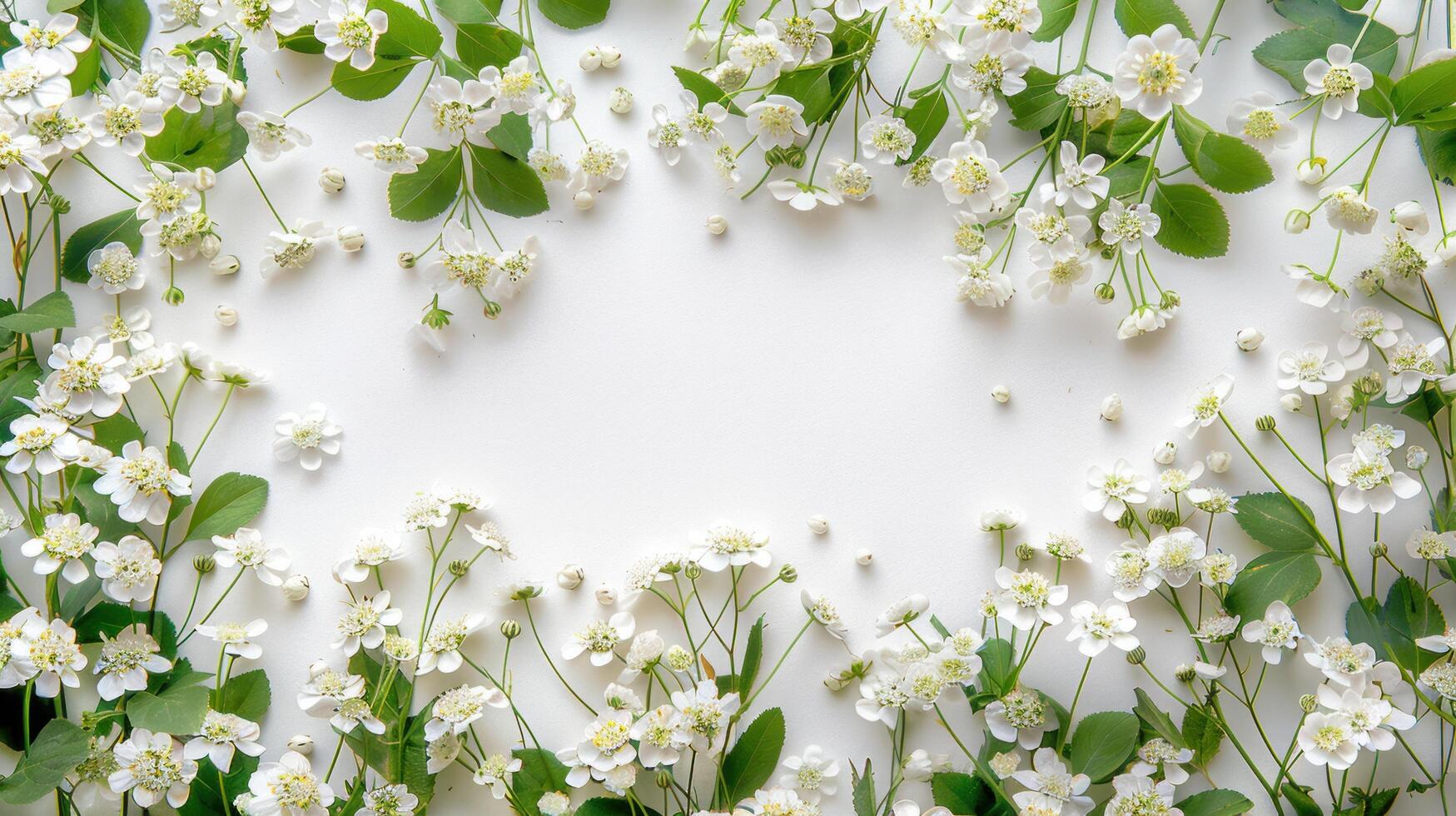 ai generato fogliame creativamente disposte su un' bianca sfondo con testo spazio. con bianca gipsofila, foglia e fiore telaio foto