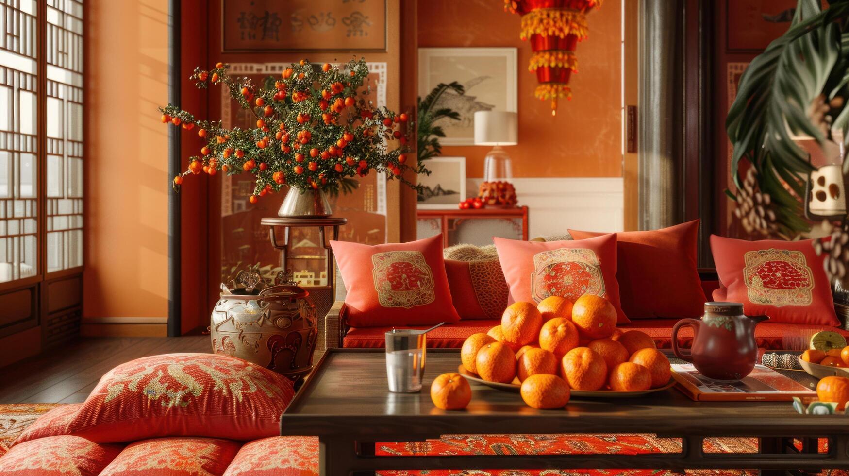 ai generato nel un' festivo vivente camera, un' caffè tavolo ornato con mandarini e cuscini su il pavimento imposta il scena per un' Cinese nuovo anno foto