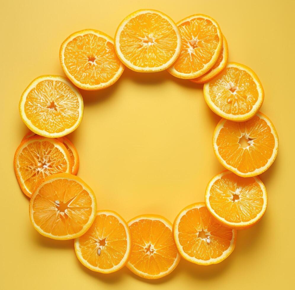 ai generato arancia fette siamo disposte nel il forma di un' cerchio su un' giallo sfondo foto