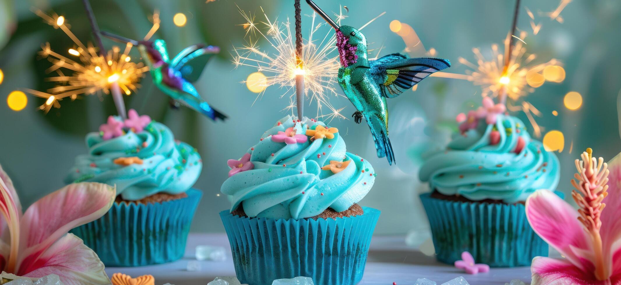 ai generato cupcakes decorato con sparklers e colibrì foto