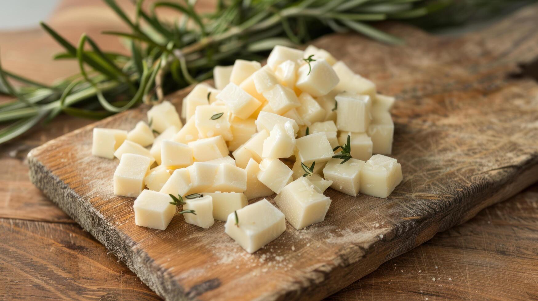 ai generato a dadini formaggio bugie su un' di legno tavola Il prossimo per un' rametto di rosmarino foto