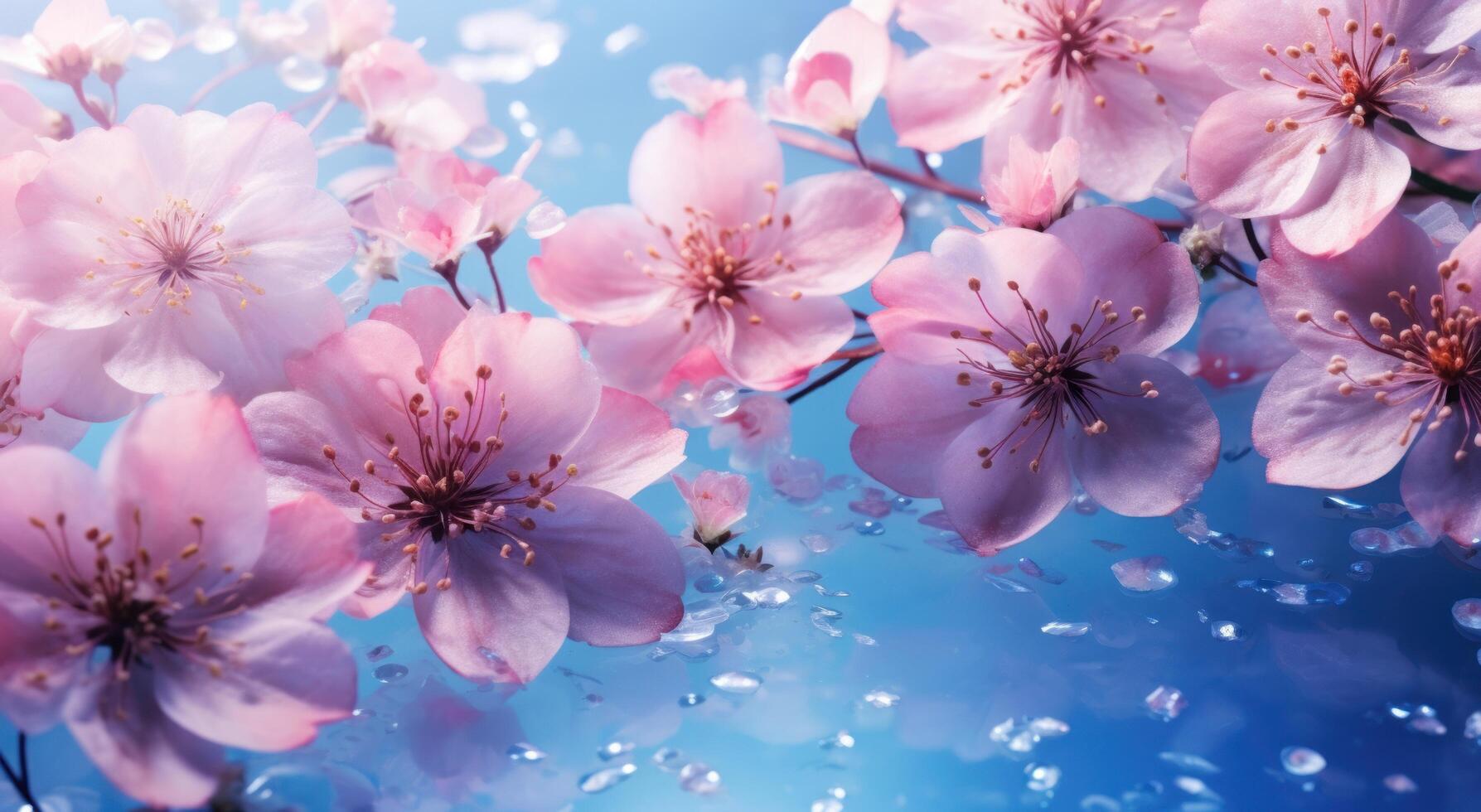 ai generato un' paesaggio di rosa fiori su un' blu sfondo foto