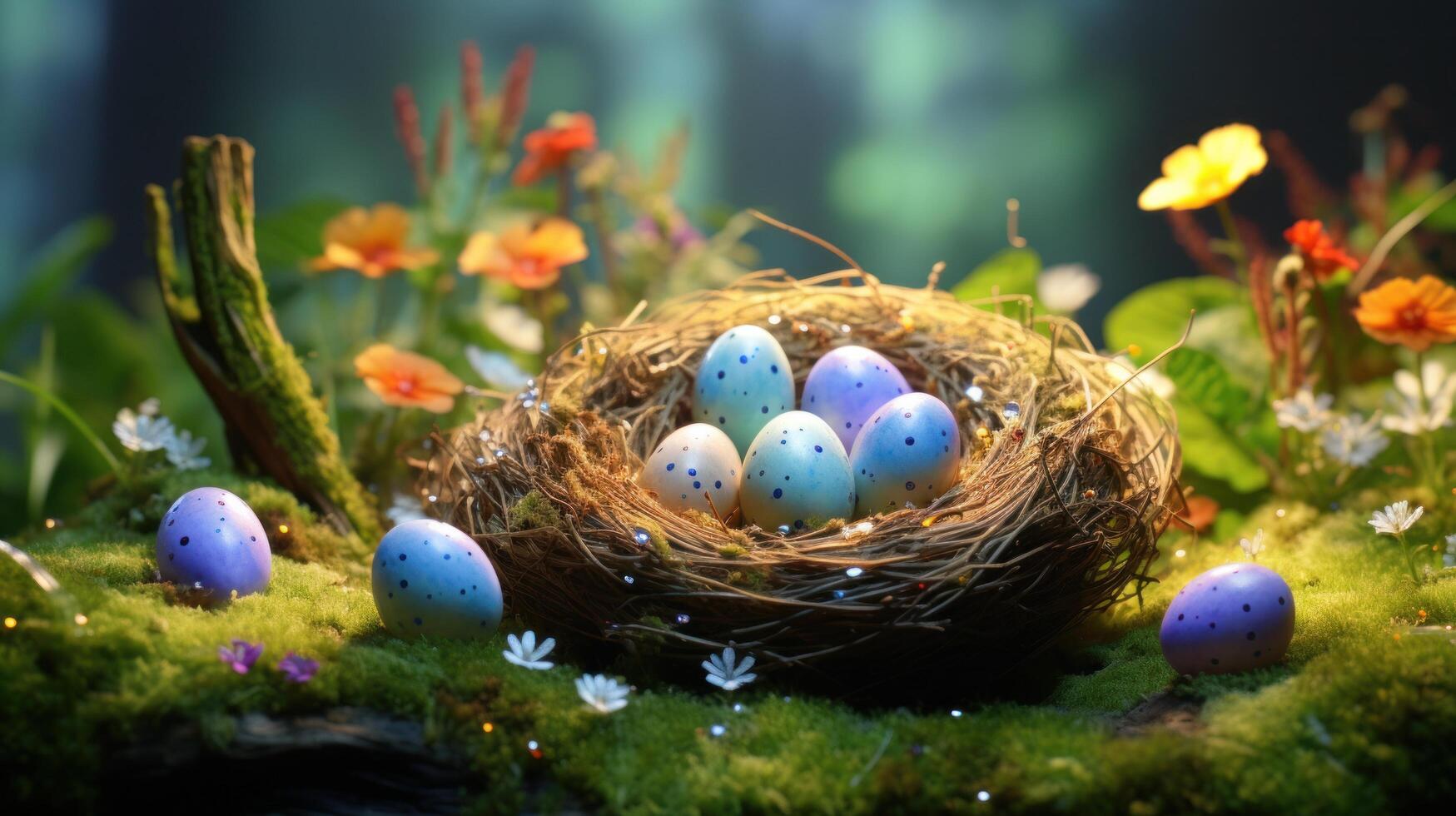 ai generato un' nido di Pasqua uova su un' erboso campo foto