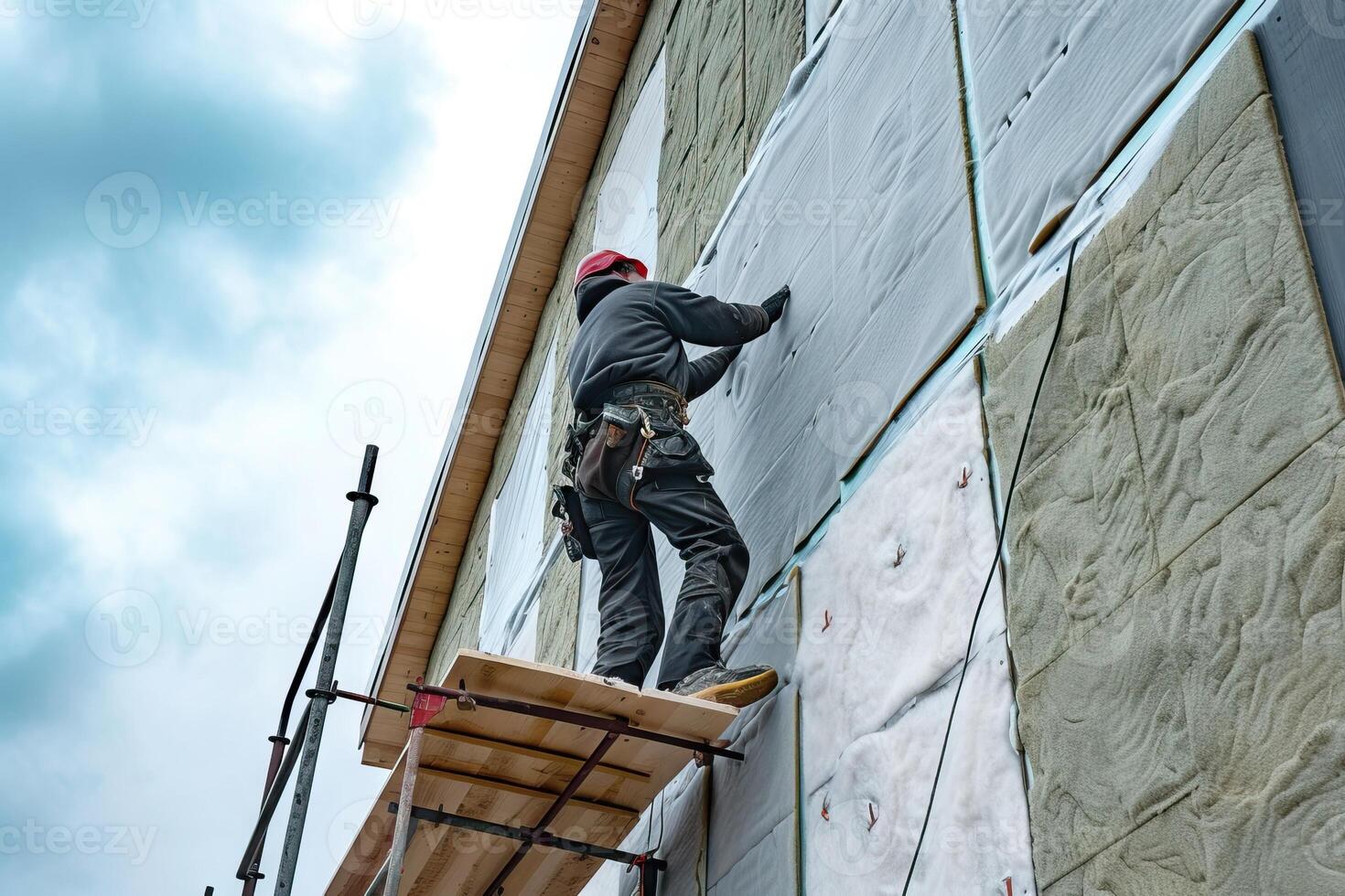 ai generato lavoratore si applica isolamento con bicchiere lana per energia Salvataggio su un' nuovo costruzione luogo. generativo ai foto