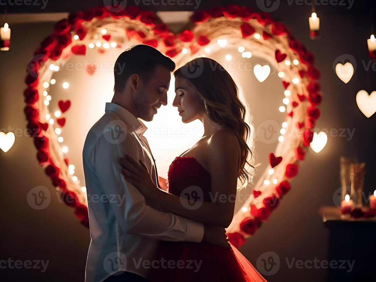 ai generato romantico coppia servizio fotografico per San Valentino giorno con bellissimo sfondo di amore e relazioni, uomo e donna foto