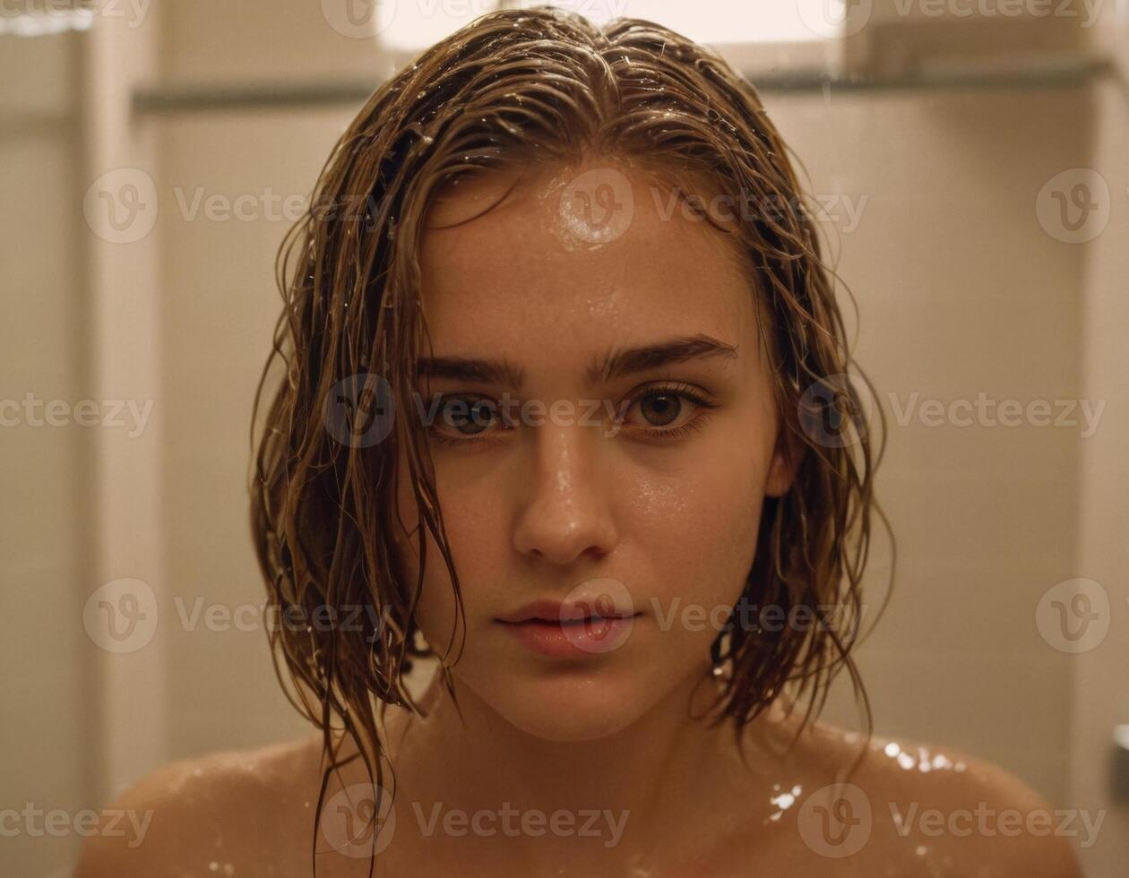 ai generato Immagine di un' giovane donna con bagnato capelli nel il bagno. ai generazione foto