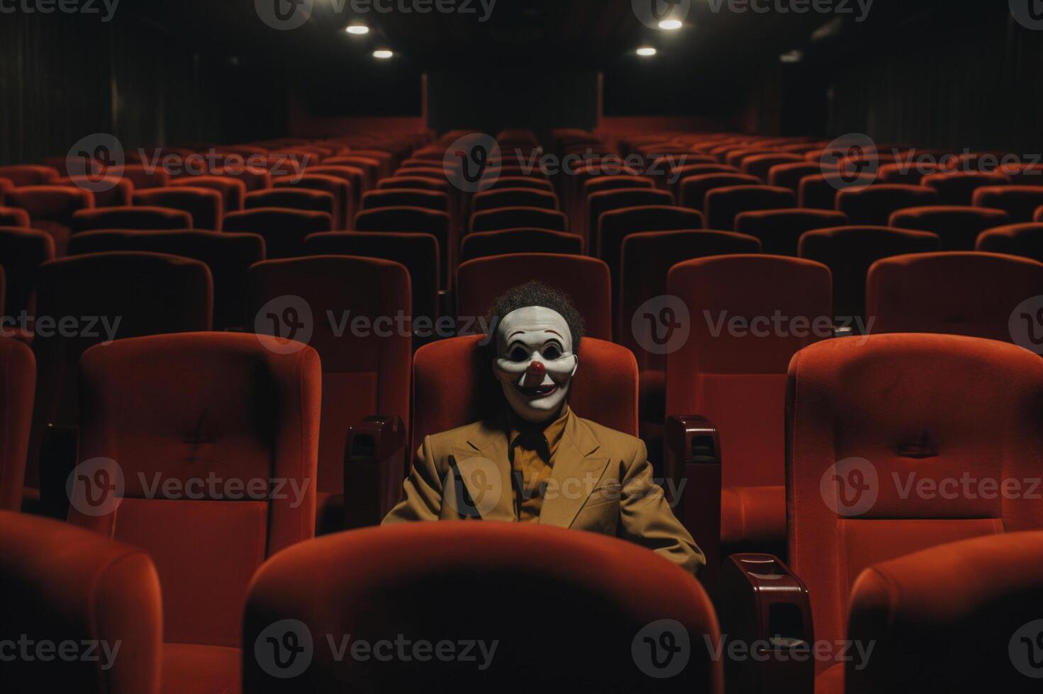 ai generato il enigmatico giullare un' misterioso uomo nel un' clown maschera contemplando nel un vuoto Teatro creato con generativo ai tecnologia foto