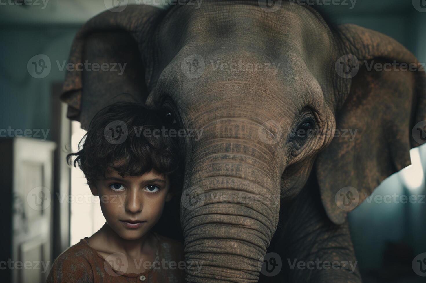 ai generato un' curioso incontrare un' giovane ragazzo e maestoso elefante creato con generativo ai tecnologia foto