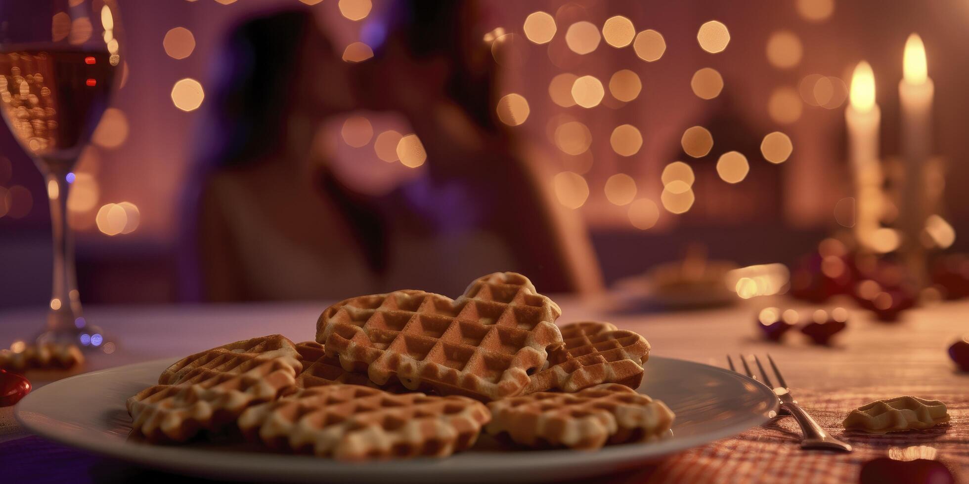 ai generato romantico colazione, a forma di cuore cialde su un' tavolo impostato per Due, un' coppia su il sull'orlo di un' bacio. perfettamente ornato per San Valentino giorno. foto