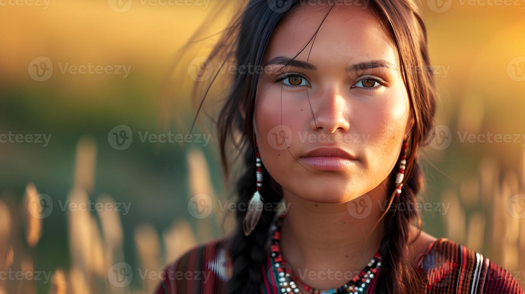 ai generato ritratto di un' nativo americano sioux indiano donna contro natura sfondo, sfondo Immagine, generativo ai foto