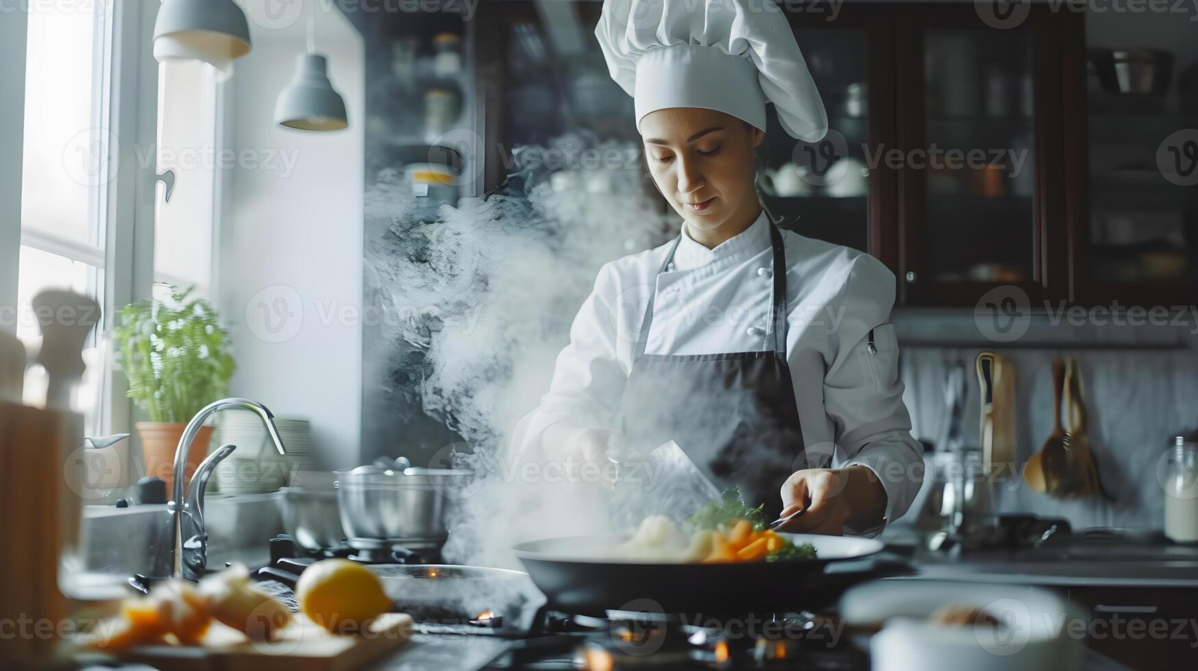 ai generato ritratto di un' femmina capocuoco cucinando cibo nel un' ristorante cucina, generativo ai foto