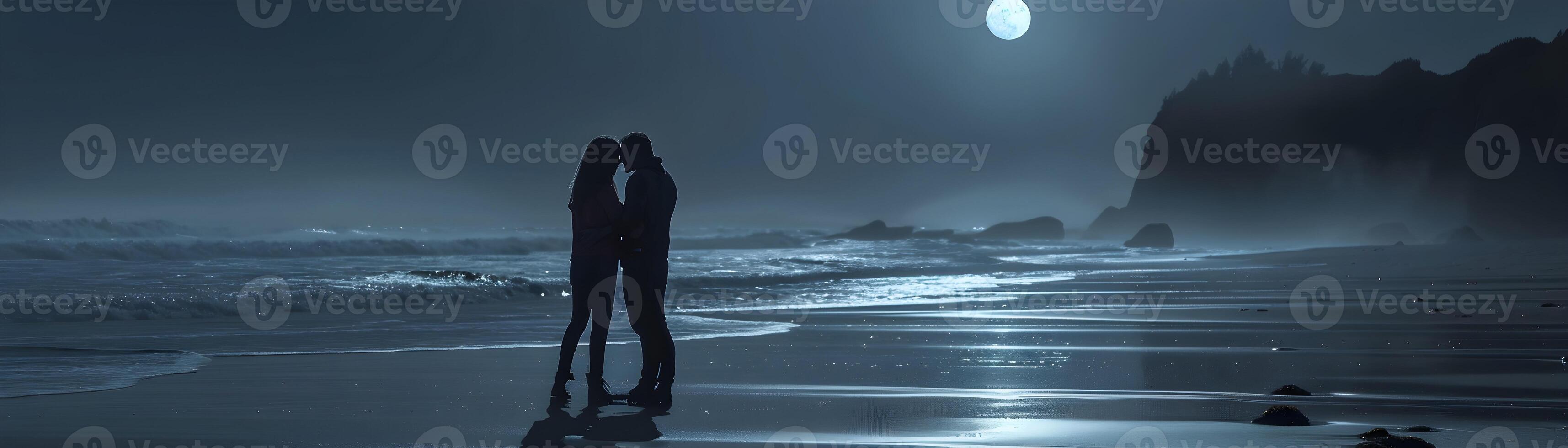 ai generato coppia condivisione un' silenzioso momento su un' illuminato dalla luna spiaggia, San Valentino giorno vibrazioni, sfondo Immagine, generativo ai foto