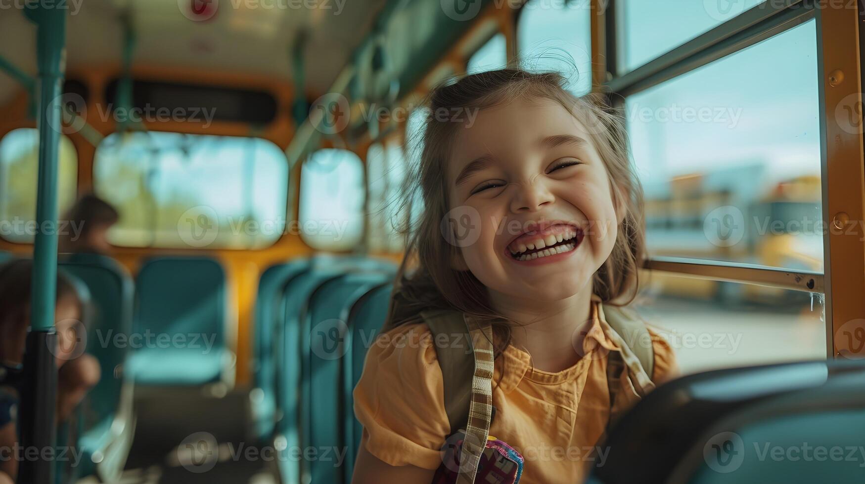 ai generato indietro per scuola, scuola autobus storie, fotografia bambini condivisione storie e risata mentre equitazione il scuola autobus, sfondo Immagine, generativo ai foto