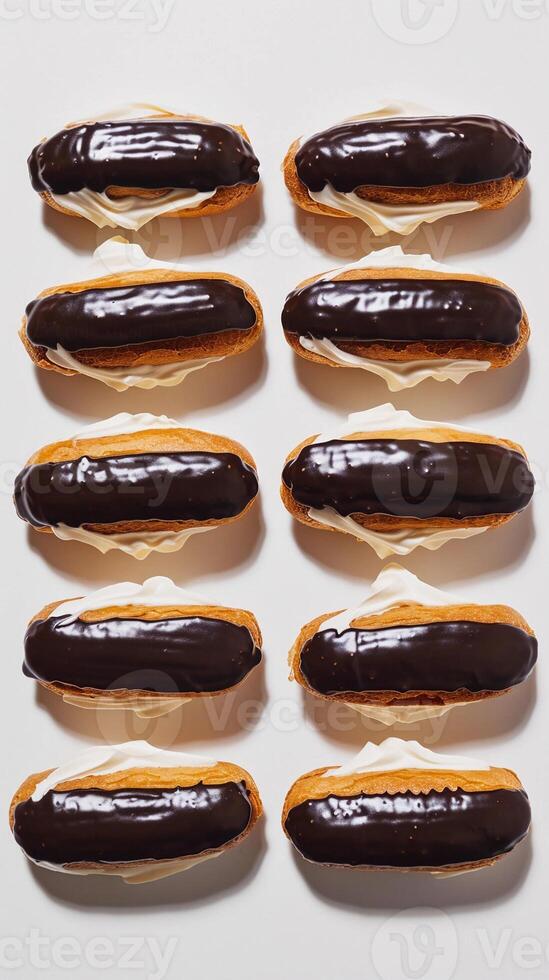 ai generato bignè, allineare di glassato al cioccolato eclairs pieno con cremoso Pasticcino crema, sfondo Immagine, generativo ai foto