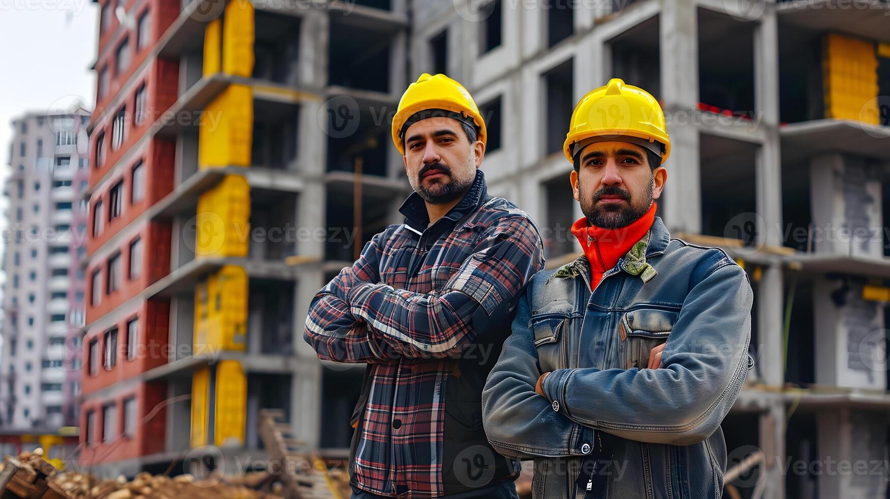 ai generato ritratto di Due maschio costruzione lavoratore su un' edificio progetto, generativo ai foto