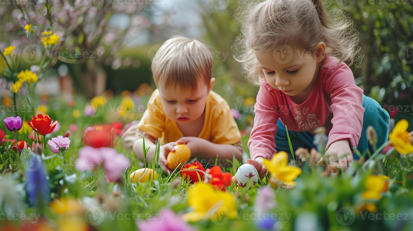 ai generato bambini ricerca per colorato Pasqua uova nel un' vivace giardino, generativo ai, sfondo Immagine foto
