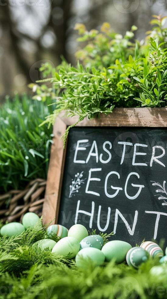 ai generato foto di il testo 'Pasqua uovo caccia' scritto su un' tavola lato di lato con conigli e Pasqua uova, generativo ai