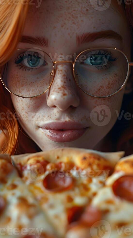 ai generato avvicinamento di un' rosso capelli donna mangiare un' delizioso Pizza, sfondo Immagine, generativo ai foto