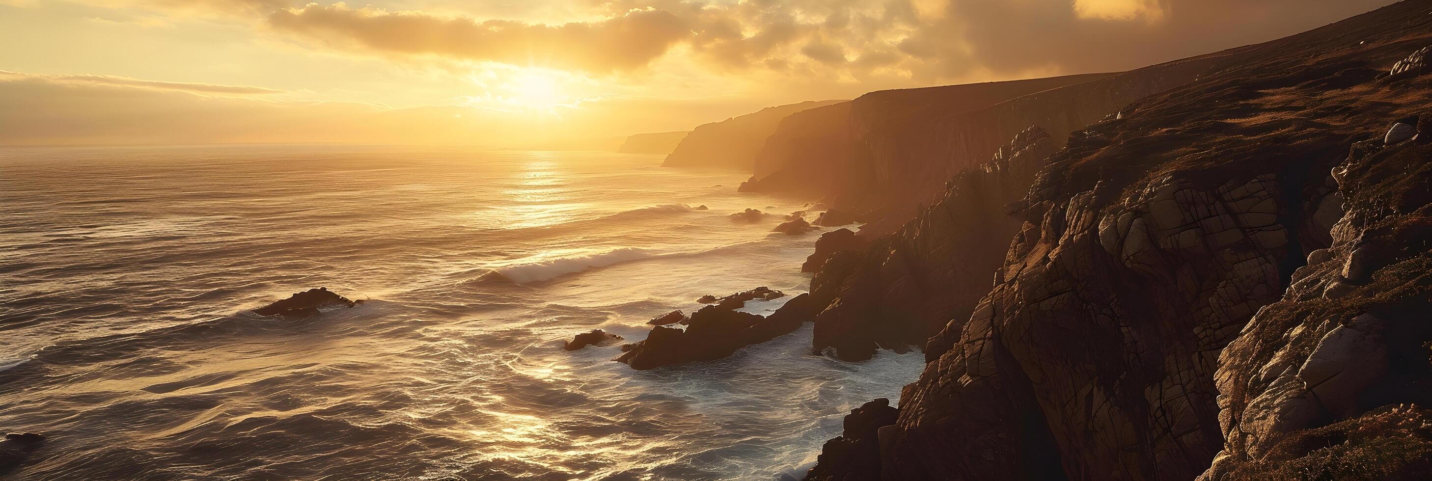 ai generato costiero scogliere a tramonto, drammatico scogliere lungo il costa con onde Crashing sotto, sfondo Immagine, generativo ai foto