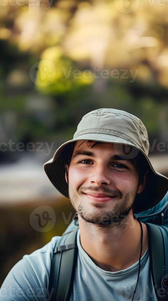 ai generato ritratto di un' giovane sorridente bianca maschio indossare secchio cappello campeggio nel natura, sfondo Immagine, generativo ai foto