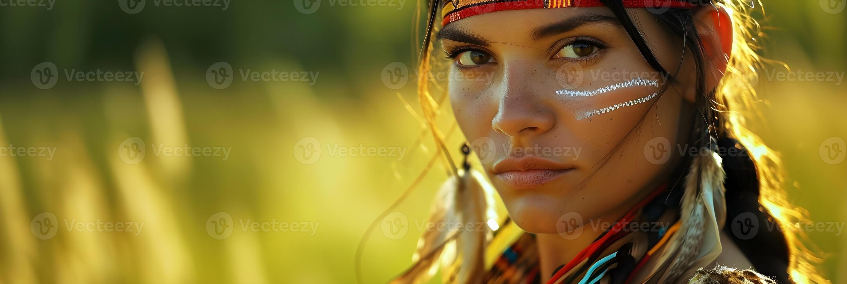 ai generato ritratto di un' nativo americano sioux indiano donna contro natura sfondo, sfondo Immagine, generativo ai foto