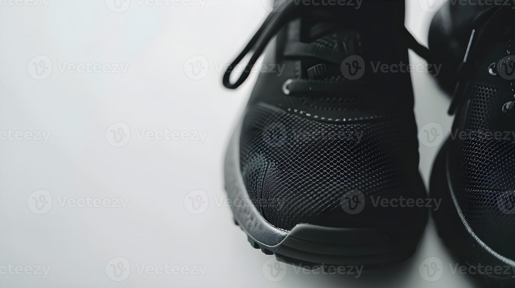 ai generato avvicinamento ritratto di nero gli sport scarpe contro bianca sfondo, generativo ai foto