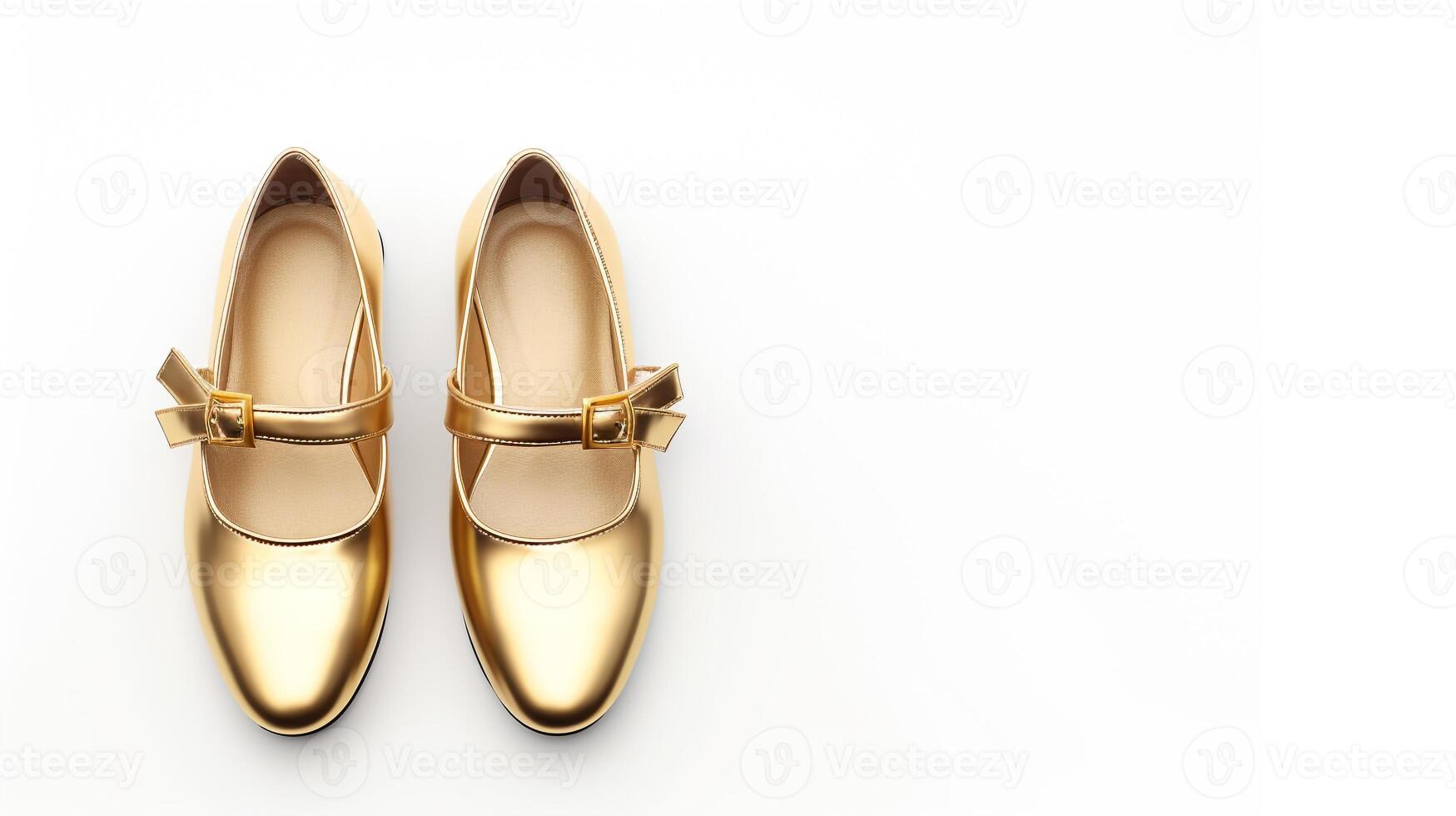 ai generato oro Maria janes scarpe isolato su bianca sfondo con copia spazio per annuncio. generativo ai foto