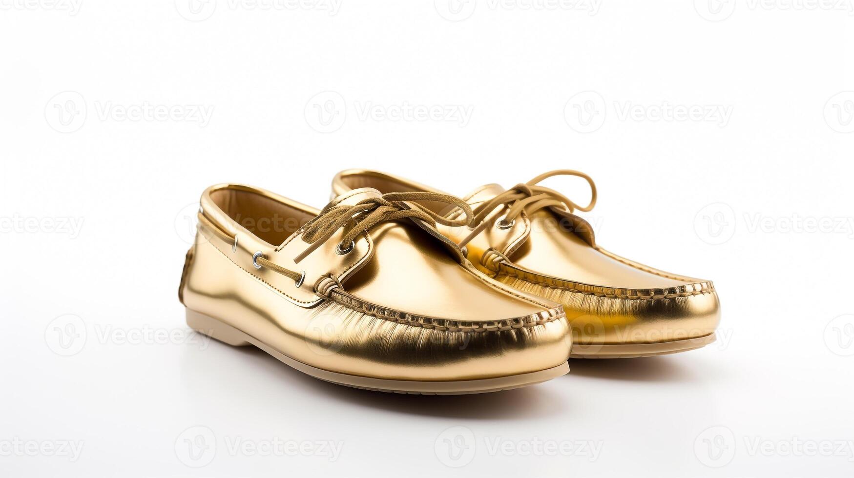 ai generato oro mocassini scarpe isolato su bianca sfondo con copia spazio per annuncio. generativo ai foto