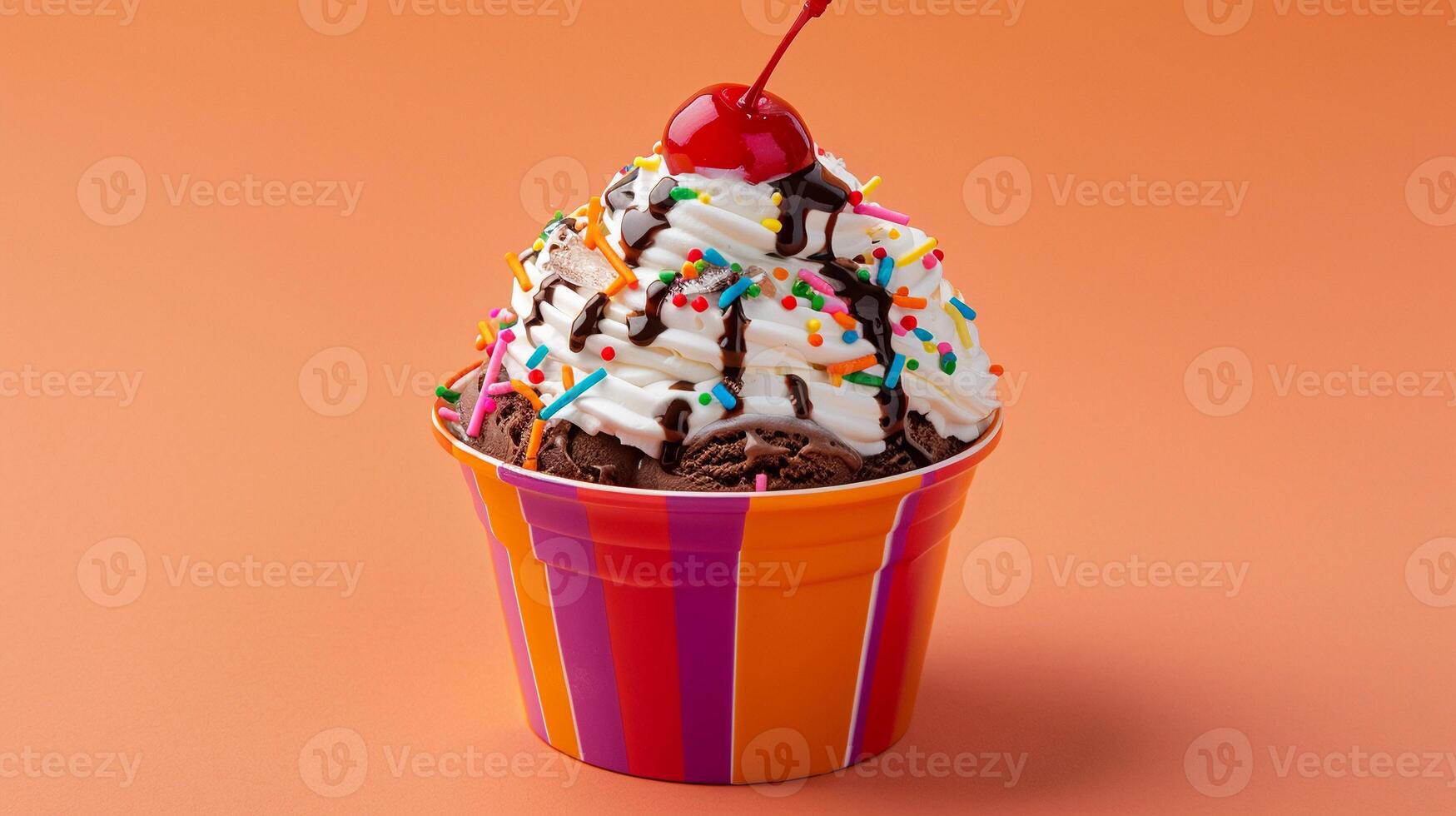 ai generato coppa di gelato guarnita delizia, colorato e indulgente ghiaccio crema coppa di gelato guarnita sormontato con frustato crema, generativo ai foto