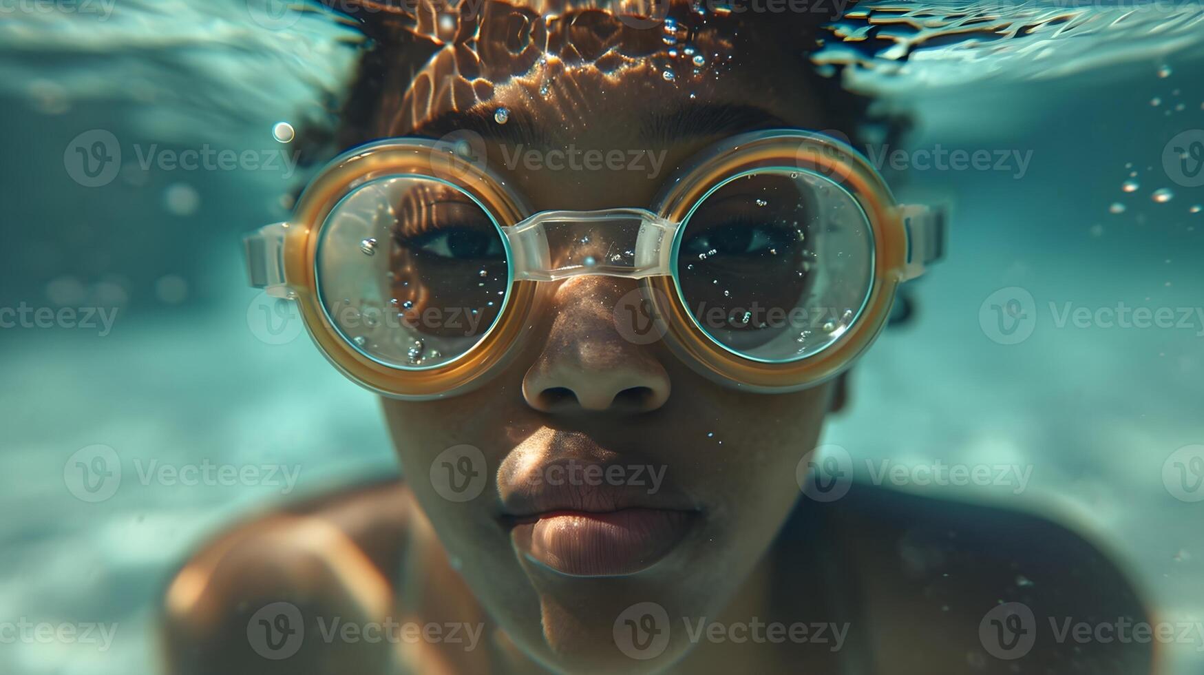 ai generato fiume subacqueo ritratto di un' giovane nero femmina indossare nuoto occhiali, generativo ai, sfondo Immagine foto