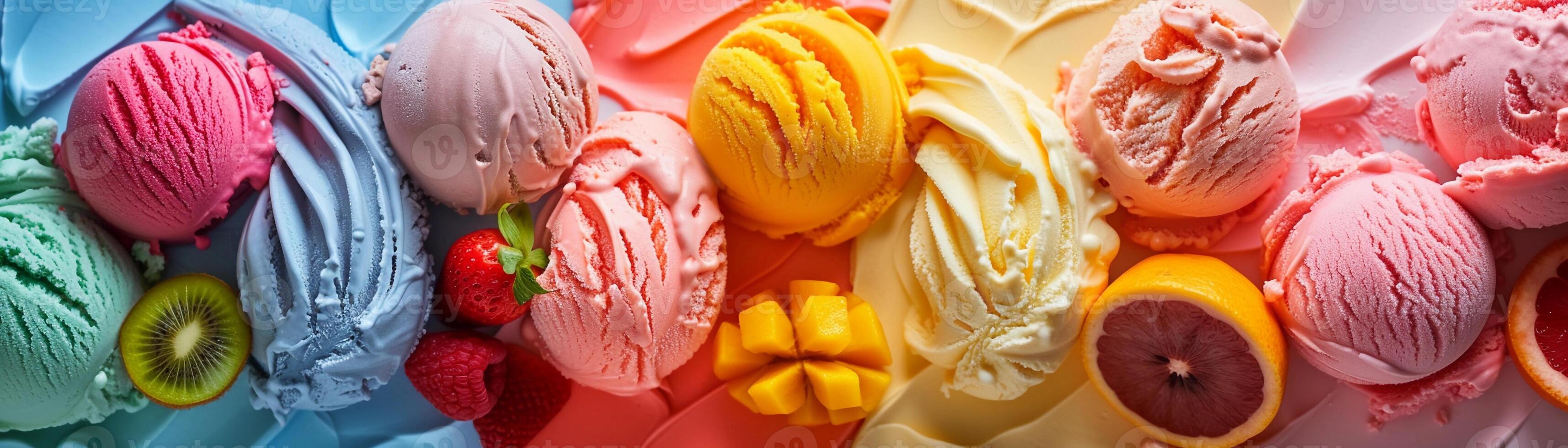 ai generato fruttato gelato beatitudine, varietà di fruttato gelato sapori disposte nel un' visivamente attraente Schermo, generativo ai foto