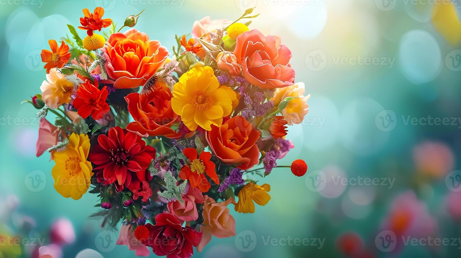 ai generato mazzo di vivace fiori disposte nel il forma di un' cuore, San Valentino giorno vibrazioni, sfondo Immagine, generativo ai foto