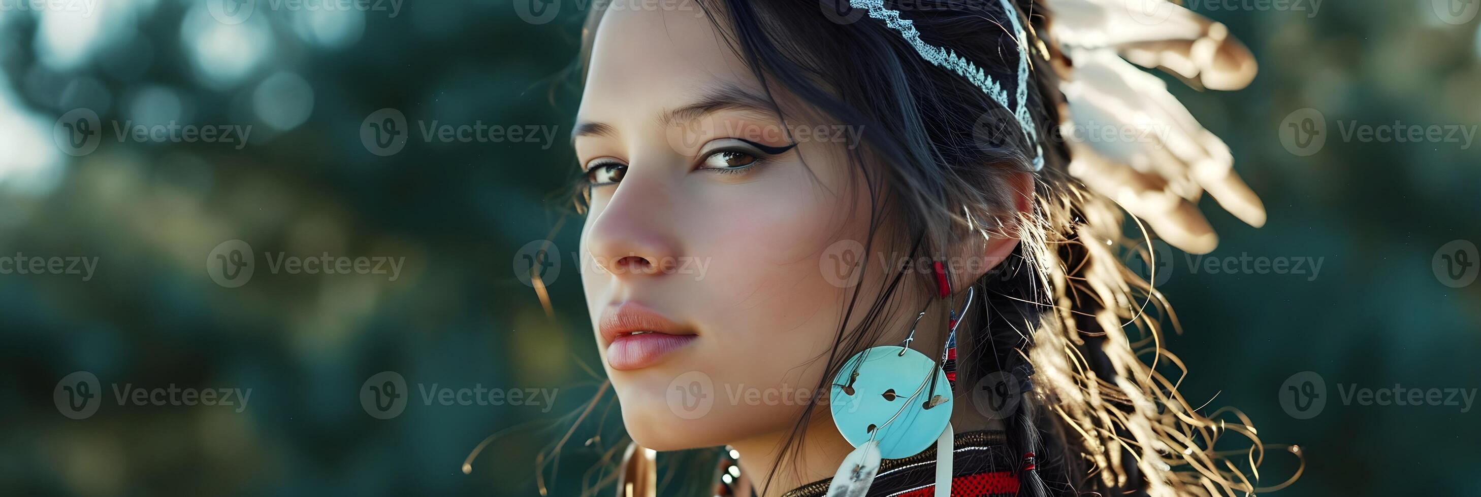 ai generato ritratto di un' nativo americano sioux indiano donna contro natura sfondo, sfondo Immagine, generativo ai foto