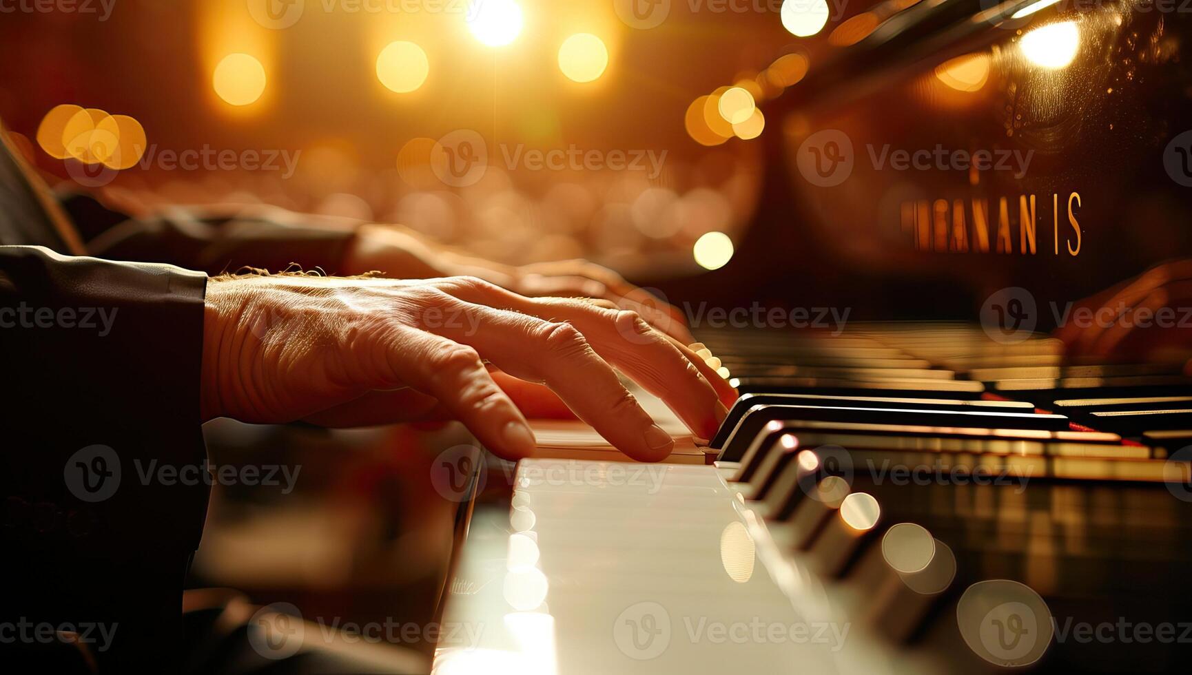 ai generato pianista mani abilmente giocando pianoforte foto