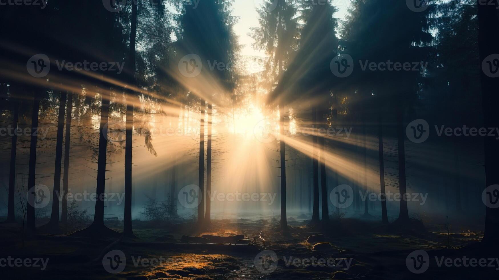 ai generato Alba illuminante nebbioso foresta con leggero raggi foto