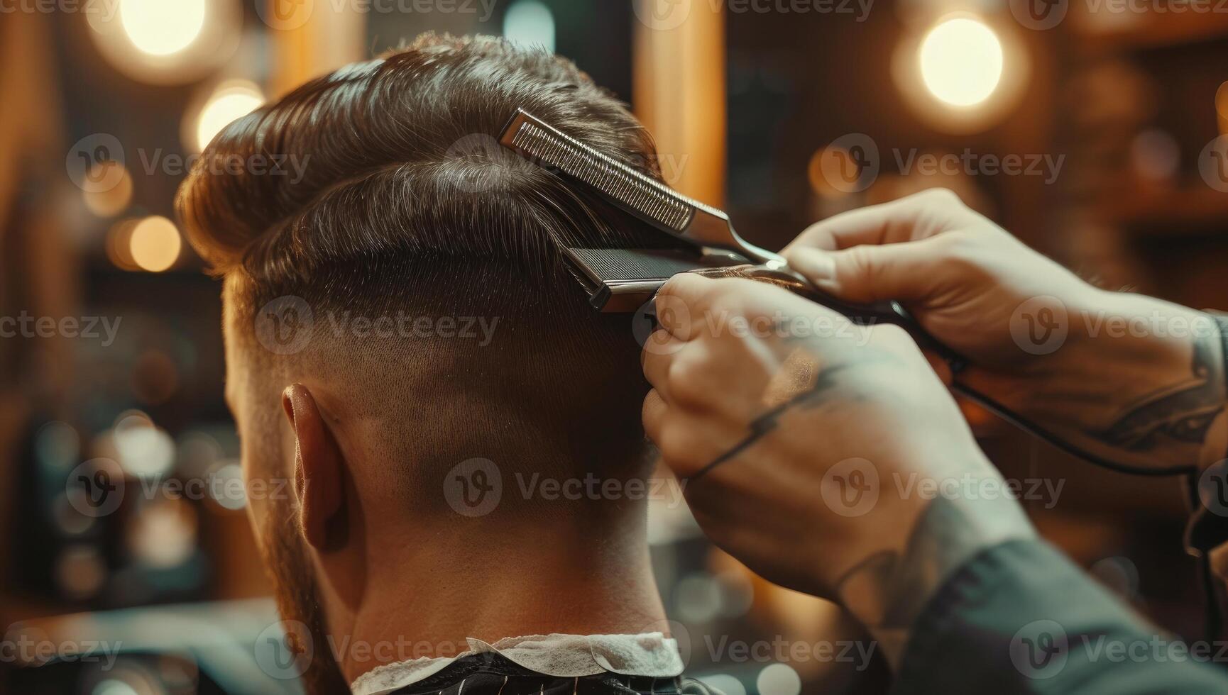 ai generato parrucchiere taglio capelli di giovane uomo nel barbiere foto