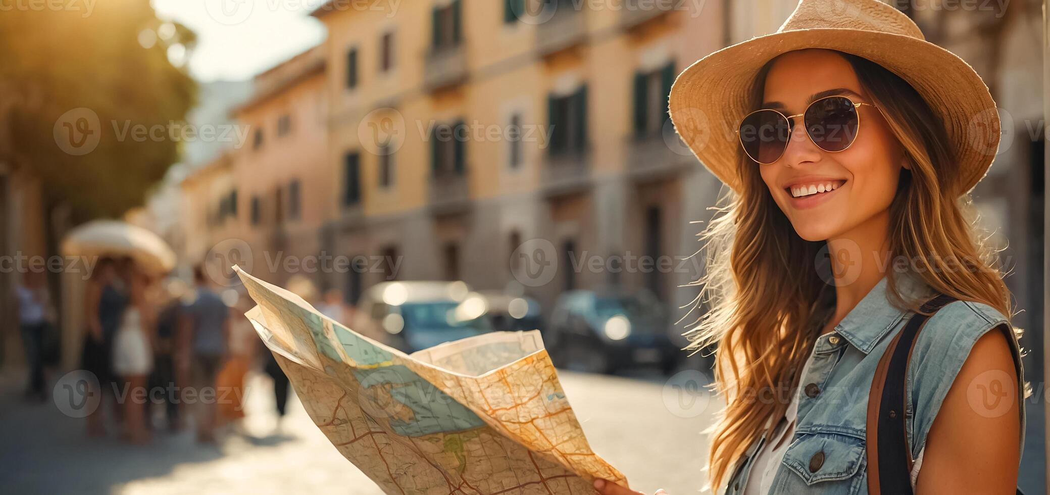 ai generato bellissimo ragazza turista con un' carta geografica nel sua mani nel il città foto